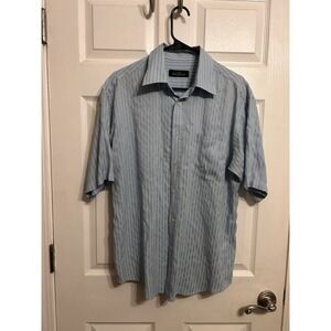 Bugatchi Uomo Shirt Mens Large Short Sleeve Button Up Shirt Rayon Striped Blue